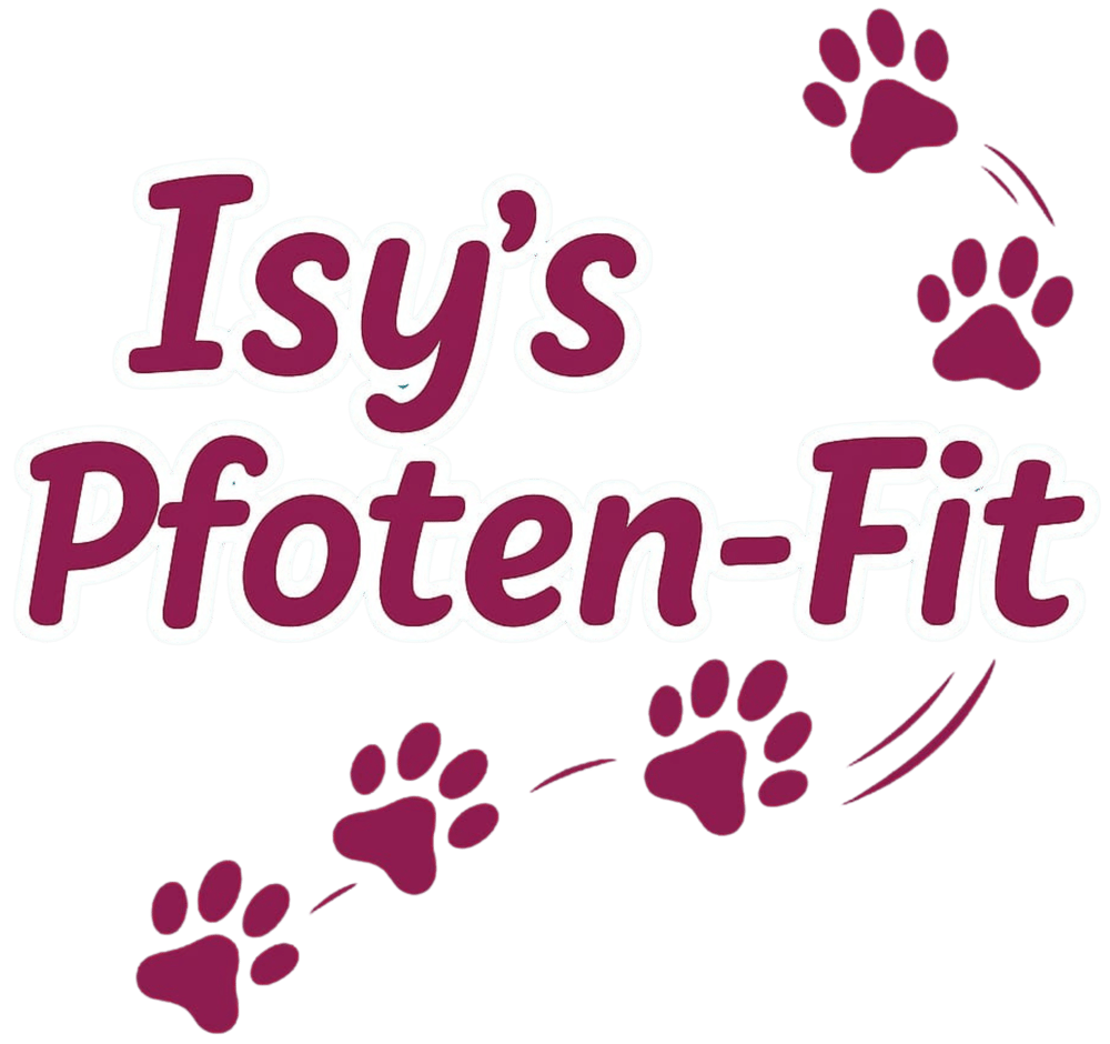 Rosa Silhouette von Katze und Hund, Text "Isy's Pfoten-Fit".