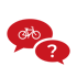 rotes Icon bestehend aus zwei Sprechblasen. in der kleinen rechten Sprechblase ein weißes Fragezeichen. In der linken Sprechblase ein Icon eines Fahrrades.