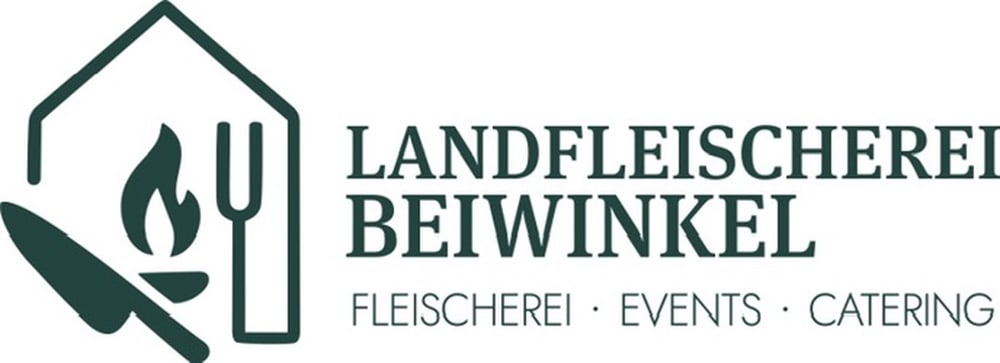 Logo "LANDFLEISCHEREI BEIWINKEL" mit stilisiertem Haus, Messer, Gabel und Flamme; darunter "FLEISCHEREI · EVENTS · CATERING".