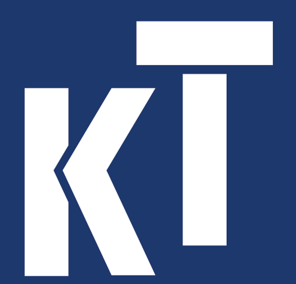 Weißes "KT"-Logo auf dunkelblauem Hintergrund.