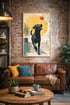 Labrador Poster „Treppen-Sprung“ in Industrial Wohnzimmer mit Backsteinwand und Ledersofa