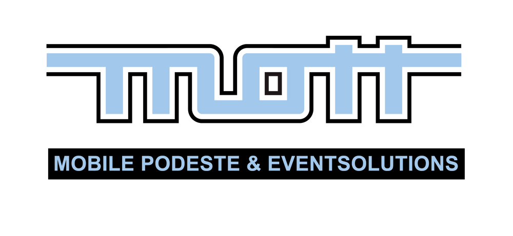 Blaues „mott“-Logo mit schwarzer Umrandung und dem Text „MOBILE PODESTE & EVENTSOLUTIONS“ auf grünem Hintergrund.