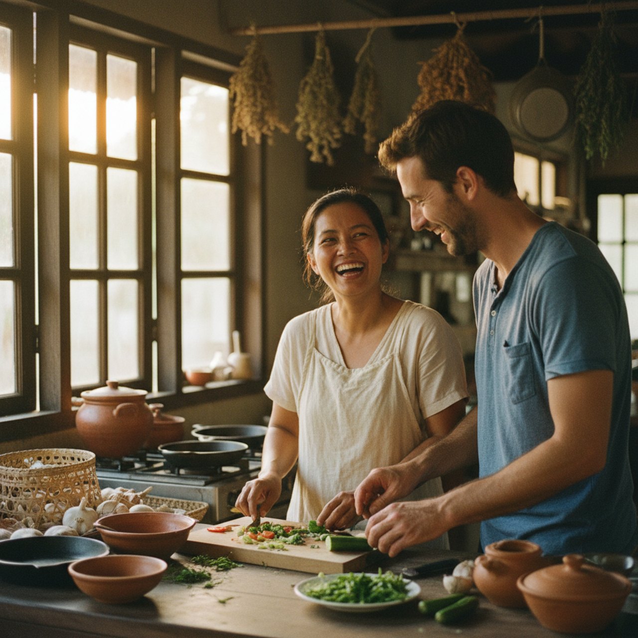 Cooking together in a home kitchen
