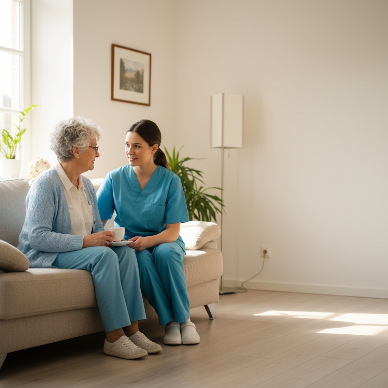 Pflegekraft im Gespräch mit Seniorin