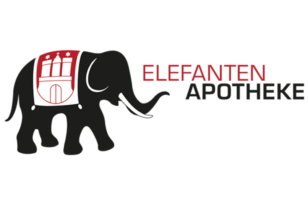 Schwarzer Elefant mit rotem Hamburger Wappen auf dem Rücken, daneben der rote Text "ELEFANTEN APOTHEKE".