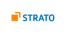 Strato-Logo mit einem orangefarbenen Quadrat und einem L-förmigen Element daneben, gefolgt vom blauen Text „STRATO“.