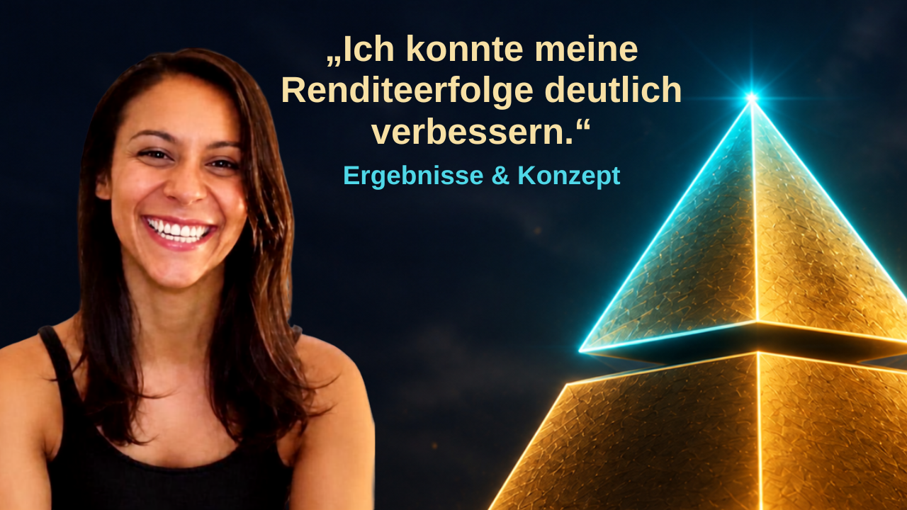 Jasmin Tek, Mitglied im OptionsSchein-Depot, daneben ihr Satz: Ich konnte meine Renditeerfolge deutlich verbessern. Rechts die goldene Pyramide mit türkis leuchtender Spitze, darunter das Stichwort Ergebnisse und Konzept.