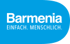 Barmenia Logo mit dem Slogan "EINFACH. MENSCHLICH." auf blauem Hintergrund.