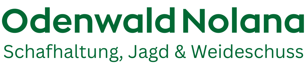 Logo mit Hirsch, Berg, Wald und Sonne, daneben Text "Odenwald Nolana Weideschuss & Jagd".