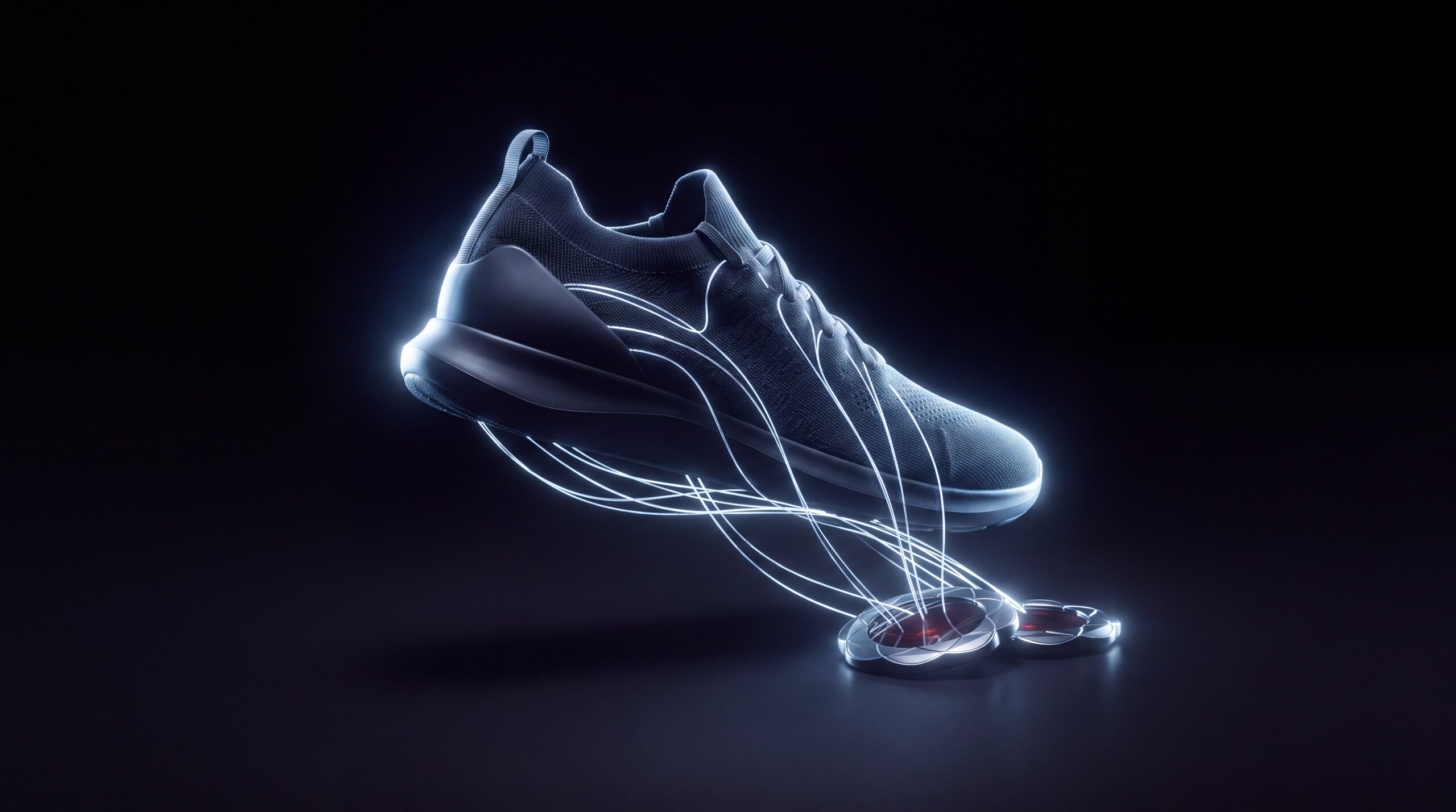 ReMitter-Set neben einem Laufschuh, Lichtlinien laufen über die Sohle
