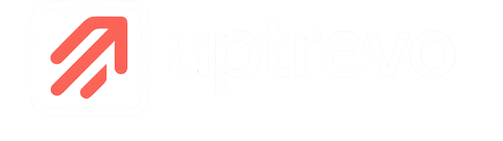 Logo mit einem roten schrägen Pfeil in einem weißen Quadrat und dem weißen Text "uptrevo".