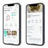 Zwei Smartphones zeigen eine Fitness-App: links Kalorien- und Mahlzeitenübersicht, rechts ein Rezept für Hackfleisch-Reis-Pfanne.