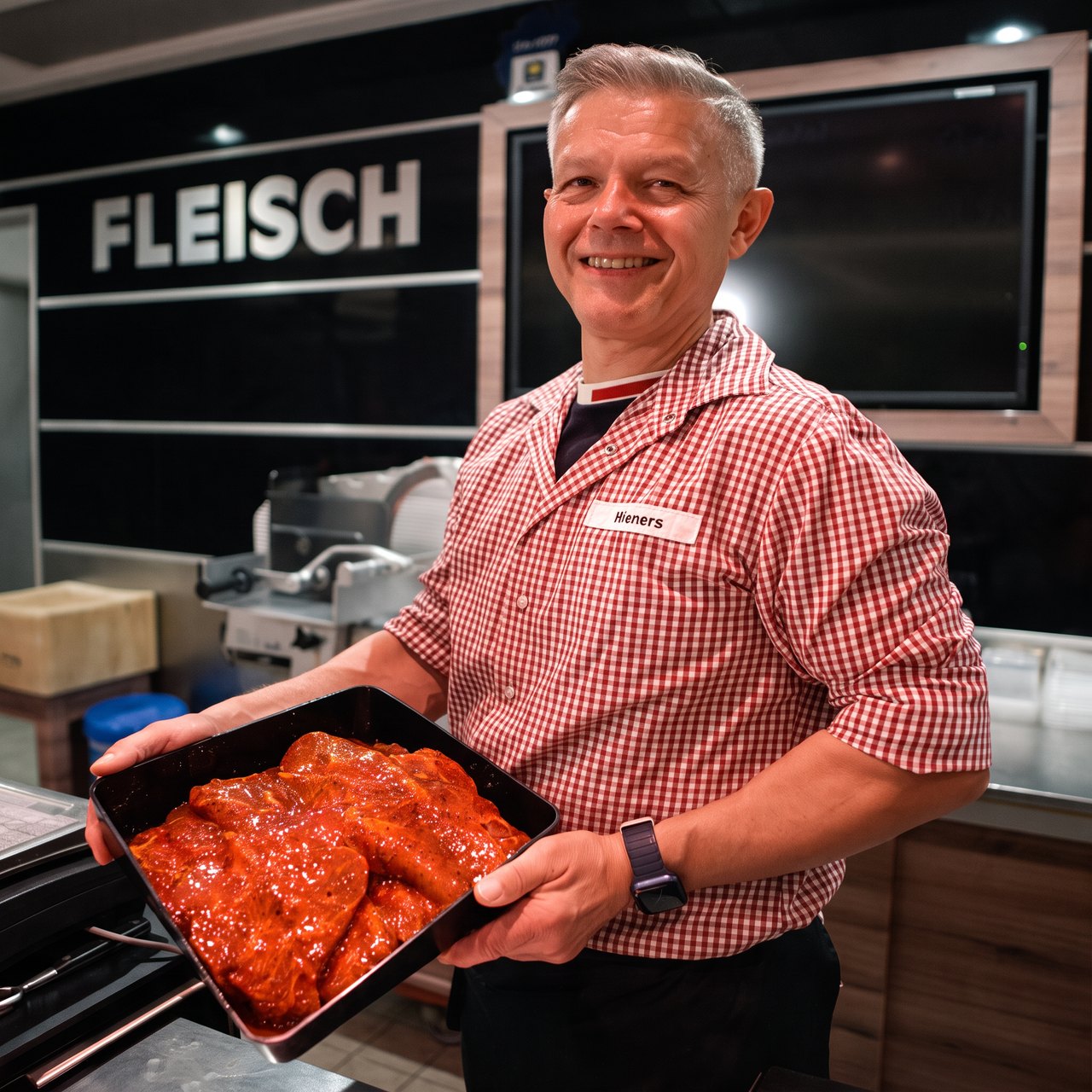 Metzger an der Frischetheke mit marinierten Steaks