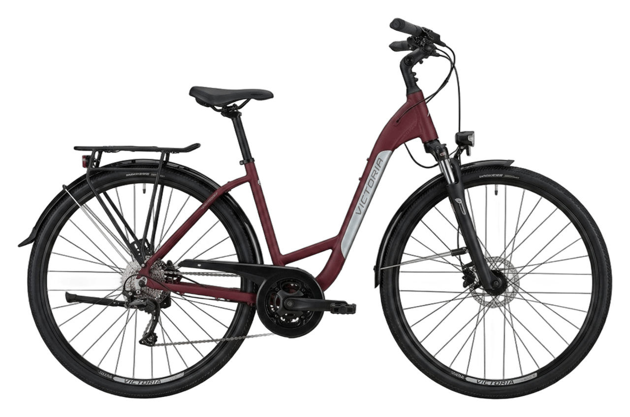 Dunkelrotes Citybike mit tiefem Einstieg bei Velobis Bike