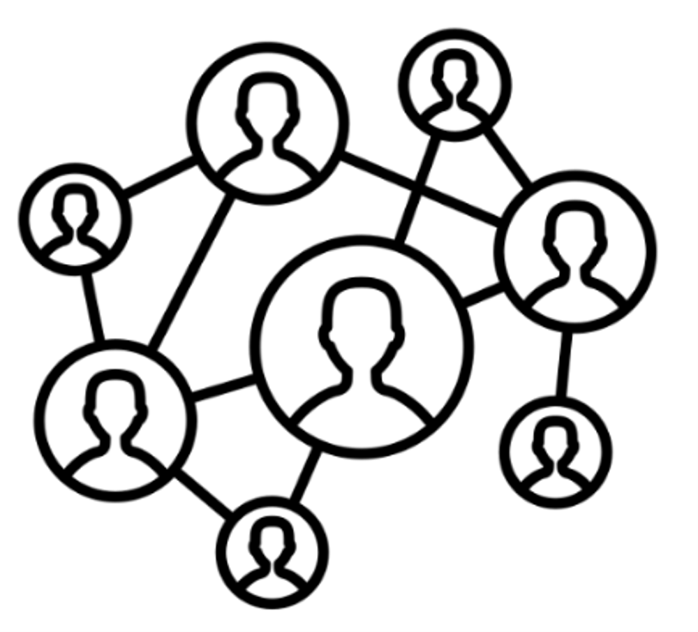 Vernetzte Personensymbole in Kreisen, die durch Linien als soziales Netzwerk oder Teamstruktur verbunden sind.