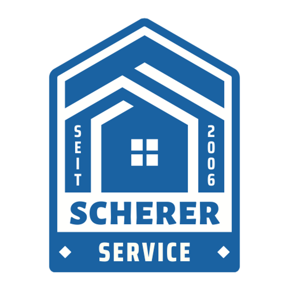 Blaues Logo mit Haus-Symbol, Text "SCHERER SERVICE" und "SEIT 2006".