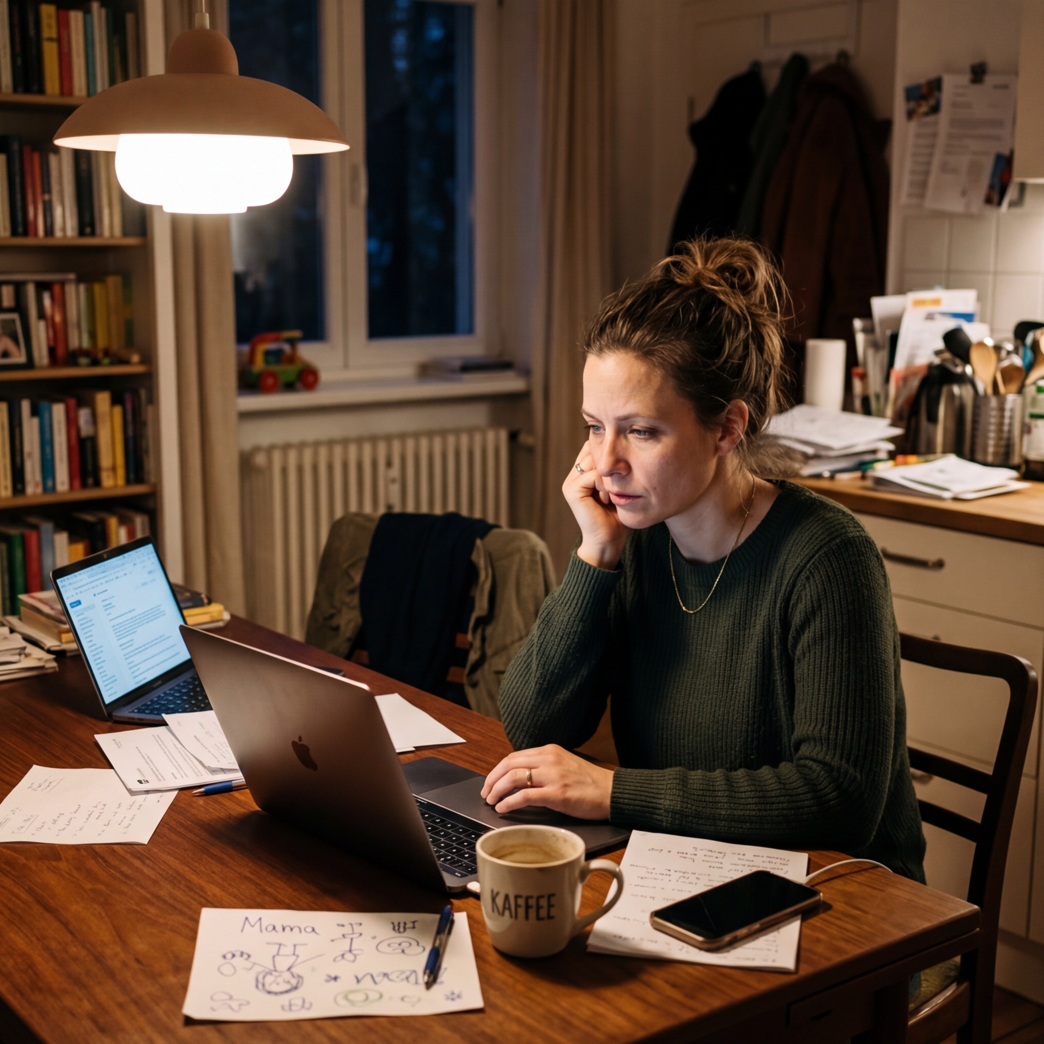 Frau sitzt entspannt am Tisch mit einer Tasse Kaffee