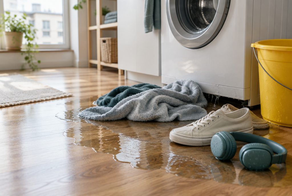Wasserlache unter der Waschmaschine breitet sich über den Holzboden aus, Handtücher, Turnschuhe und gelber Eimer daneben