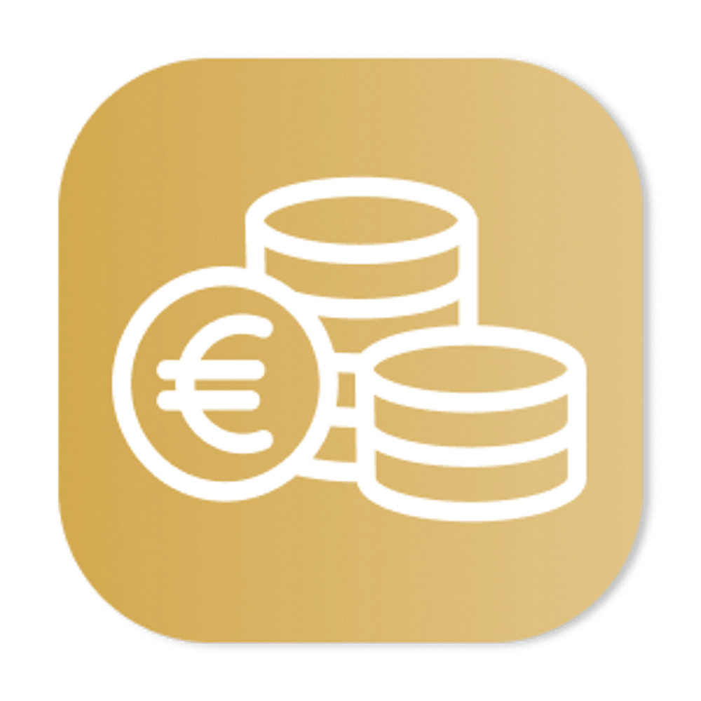 Weißes Icon mit Euro-Symbol und zwei Münzstapeln auf einem goldfarbenen, quadratischen Hintergrund mit abgerundeten Ecken.