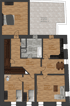 Grundriss einer Wohnung mit Schlafzimmer, Terrasse, Bad, Küche, Diele, Essbereich, Wohnzimmer und zwei weiteren Zimmern.
