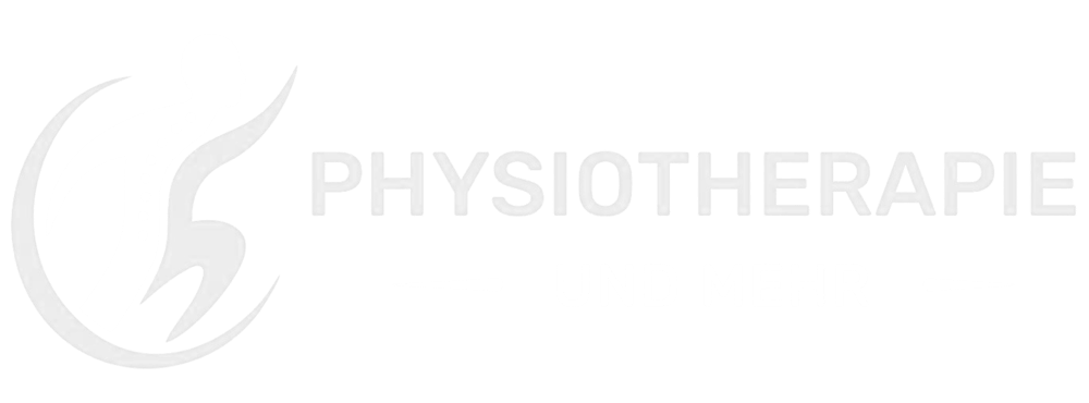 Weißes Logo einer stilisierten Person mit Wirbelsäule und Text „PHYSIOTHERAPIE UND MEHR“ auf grünem Hintergrund.