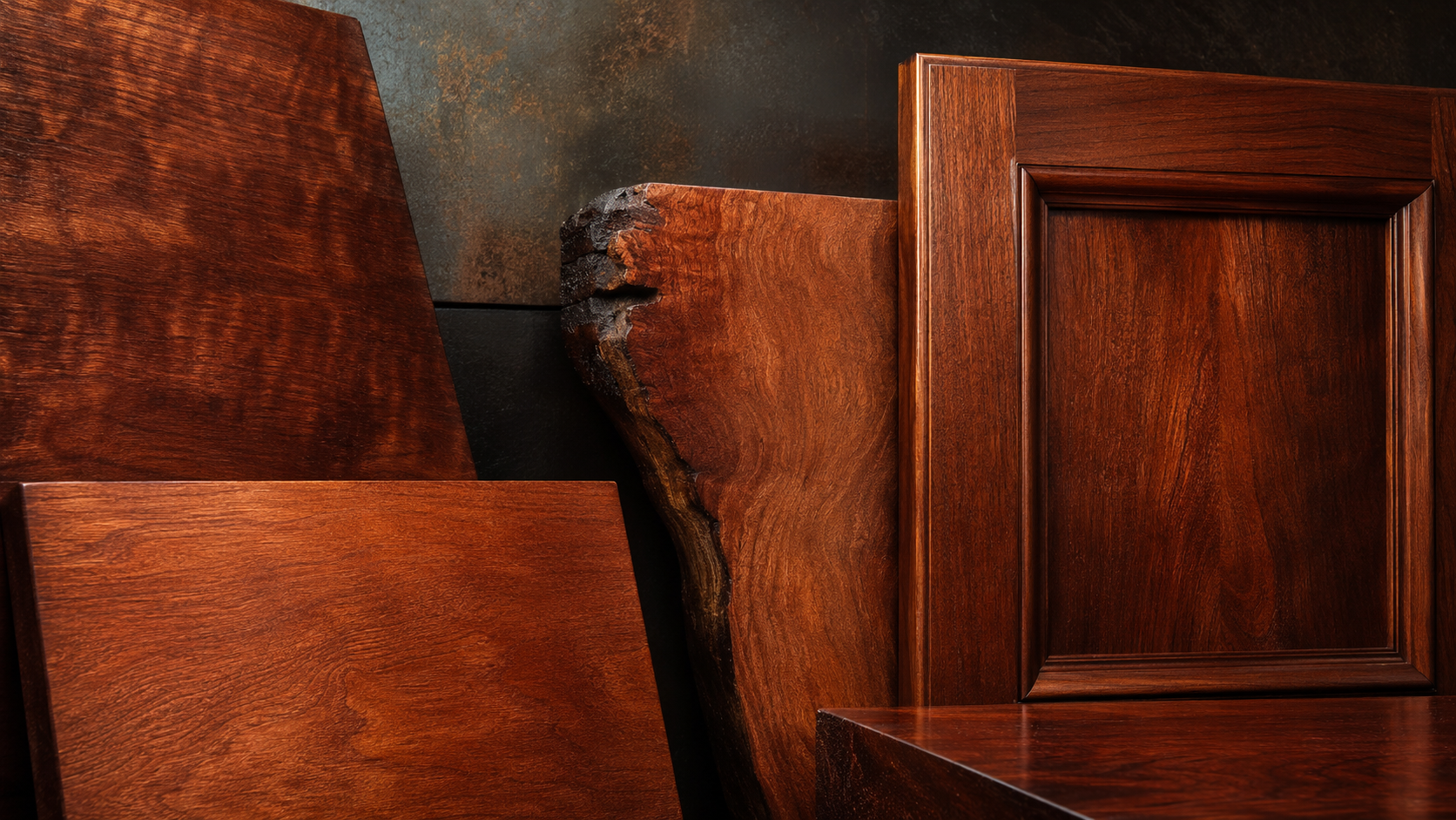 Mood cinematográfico de madera cherry para cocinas premium
