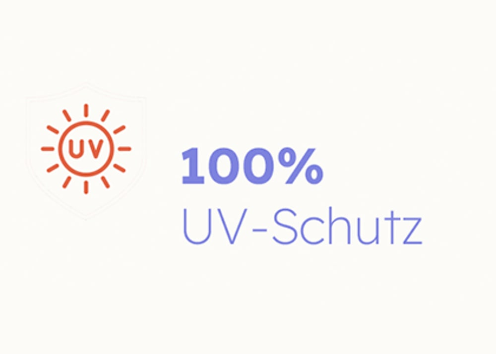 Ein oranges Sonnen-Icon mit dem Text UV neben dem blauen Schriftzug 100% UV-Schutz auf weißem Hintergrund.