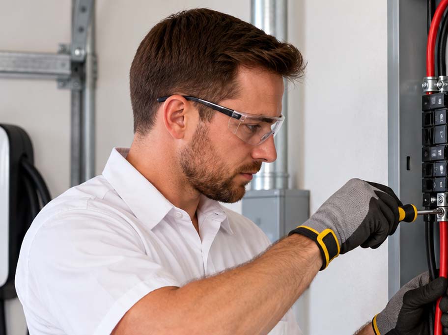 Electrician testing an electrical panel with a multimeter before adding an EV charger circuit
