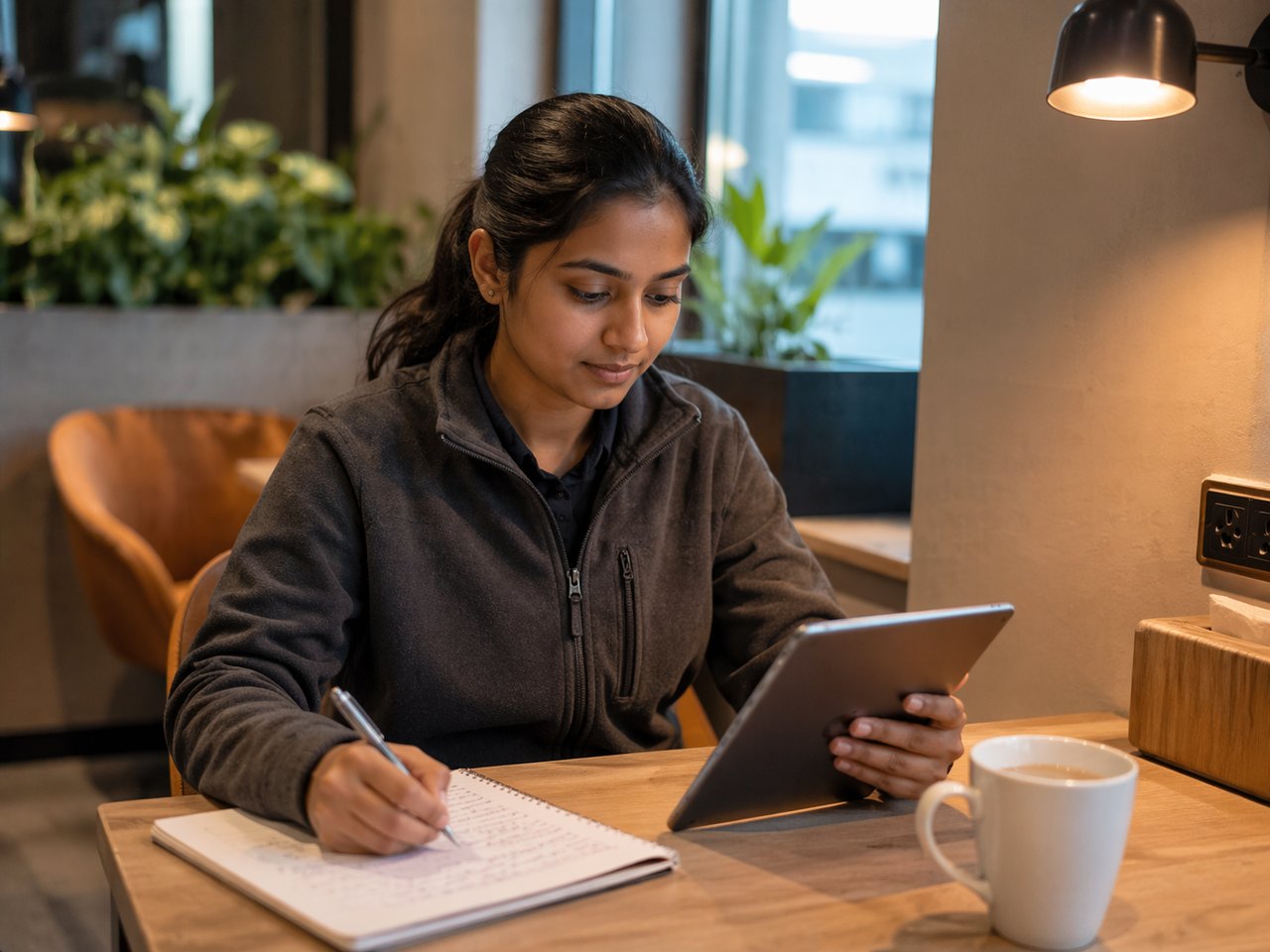 A young woman writing in a notebook and holding a tablet, with a cup of coffee on a wooden table.