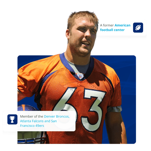 Endorsement card: a former American football center, member of the Denver Broncos, Atlanta Falcons and San Francisco 49ers