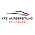 Schwarze Silhouette eines Sportwagens über dem Text "KFZ AUFBEREITUNG" und "SCHINDLER" in Rot.