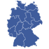 Blaue Umrisskarte von Deutschland, unterteilt in Bundesländer, auf dunkelgrünem Hintergrund.