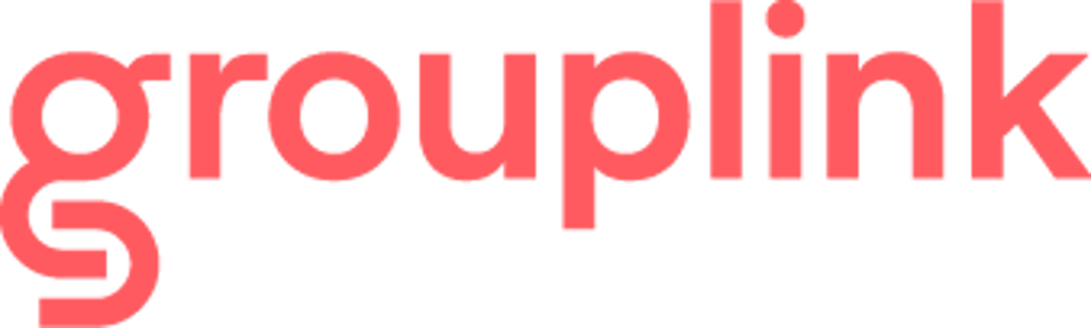 grouplink Logo in Koralle auf anthrazitfarbigem Hintergrund.