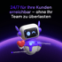 Ein lächelnder Roboter hält ein rotes Herz; Text: "24/7 für Ihre Kunden erreichbar – ohne Ihr Team zu überlasten. Zufriedene Kunden. Einfach integrieren."