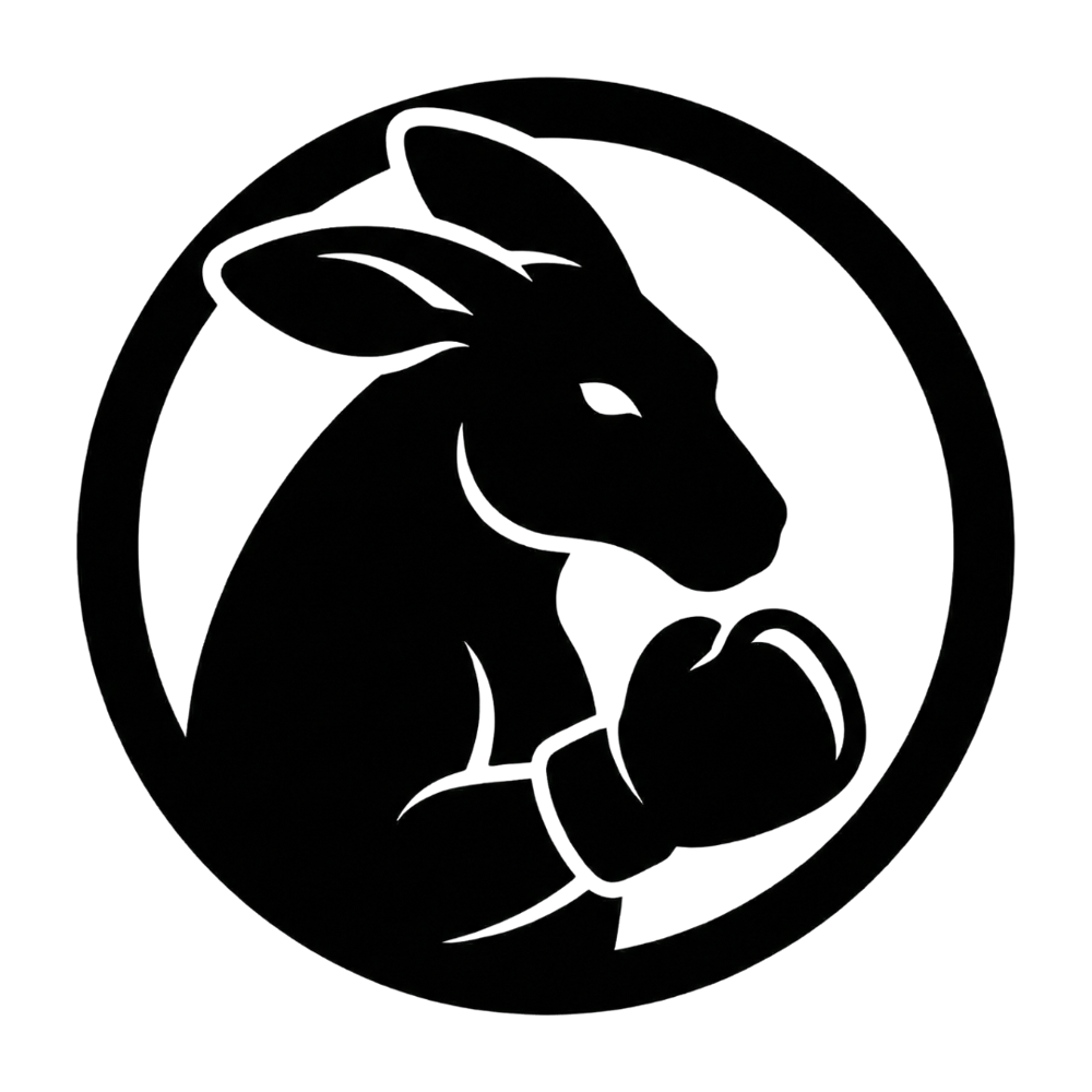 Schwarzes Känguru mit Boxhandschuhen in einem Kreis.