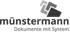 Münstermann Logo: Drei ineinandergreifende, dunkle Quadrate, darunter Text "münstermann Dokumente mit System."