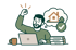 Mann am Laptop freut sich über Hauskauf-Planung mit Büchern zu Finanzierung, Eigenkapital und Eigenheim.