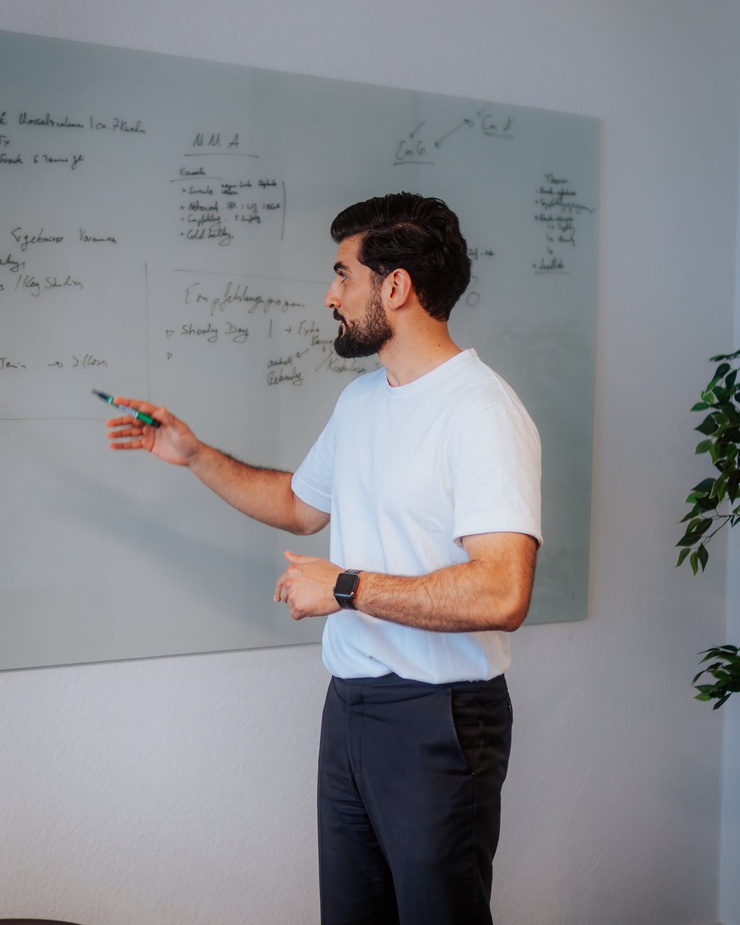 Tanyel Cayir erklärt am Whiteboard den Aufbau eines Vertriebsprozesses