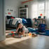 A girl lies on a bedroom floor with a blue backpack, magazines, snacks, and a smartphone propped on a book.