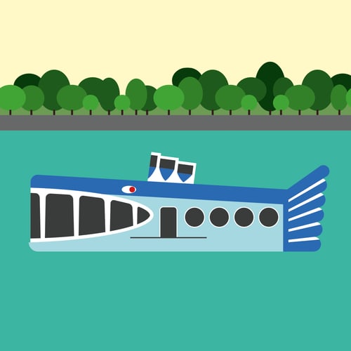 Illustration des Ausflugsschiffs Moby Dick in Walform auf dem Rhein