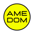 Förderungen für Weiterbildungen & Coachings (AVGS, Bildungsgutschein, etc.): Gelber Kreis mit schwarzem Schriftzug „AMEDOM“. AMEDOM Talentförderung.