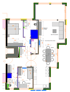 Grundriss einer 4-Zimmer-Wohnung mit zwei Schlafzimmern, Küche, Wohnbereich und Esszimmer.