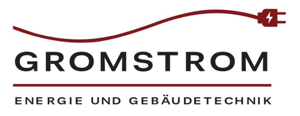 Logo von Gromstrom Energie und Gebäudetechnik mit einem roten Stromkabel-Symbol auf schwarzem Hintergrund.