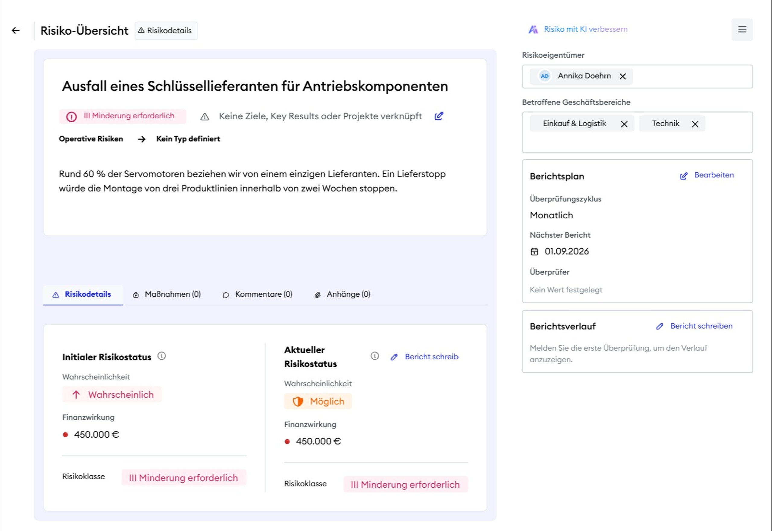Risikodetail mit Bewertung, Maßnahmen und Überprüfungsrhythmus