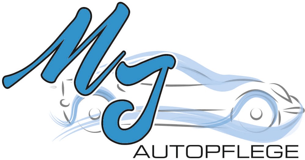 Blaues "MJ" und Umriss eines Autos mit verschwommenen Linien, darunter "AUTOPFLEGE".