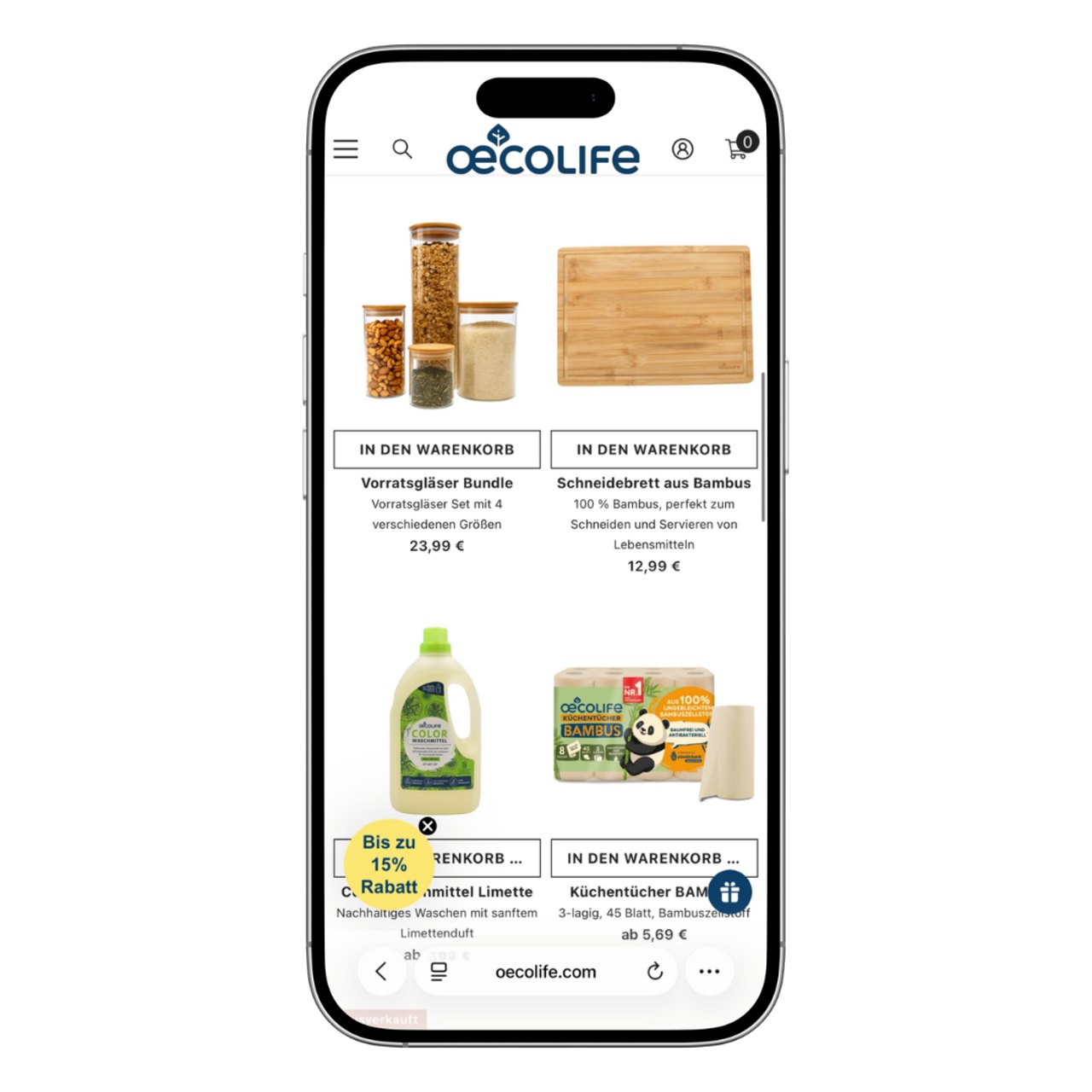 Ein Smartphone zeigt die Oecolife-Website mit Vorratsgläsern, Bambus-Schneidebrett, Waschmittel und Küchenpapier.