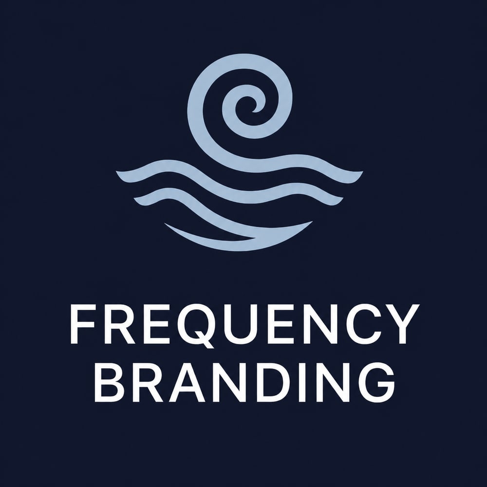 Logo von Frequency Branding mit einer hellblauen Wellen-Spirale auf dunkelblauem Grund.