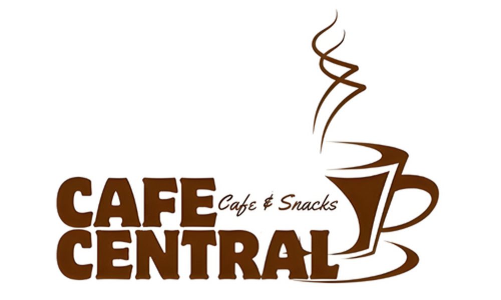 Logo "CAFE CENTRAL Cafe & Snacks" mit dampfender Kaffeetasse in Braun auf Weiß.