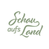 Schriftzug und Logo „Schau aufs Land“ in geschwungener, grüner Schrift auf weißem Hintergrund, umgeben von einem dunkelgrünen Rahmen.