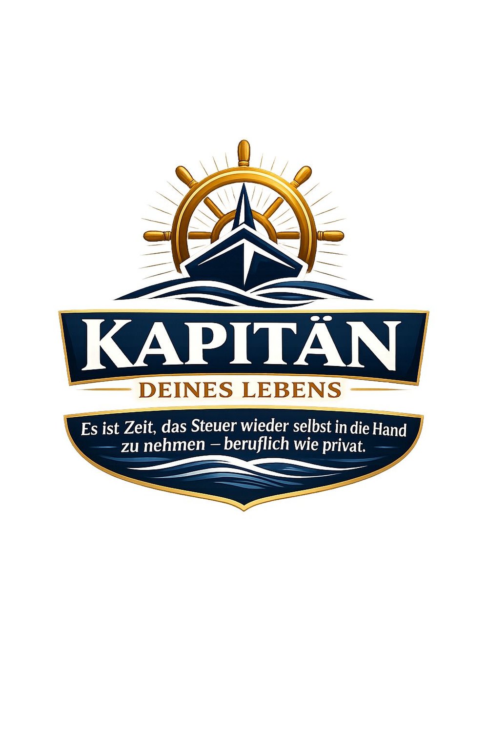Logo mit goldenem Steuerrad, blauem Schiff und Text "KAPITÄN DEINES LEBENS. Es ist Zeit, das Steuer wieder selbst in die Hand zu nehmen – beruflich wie privat."